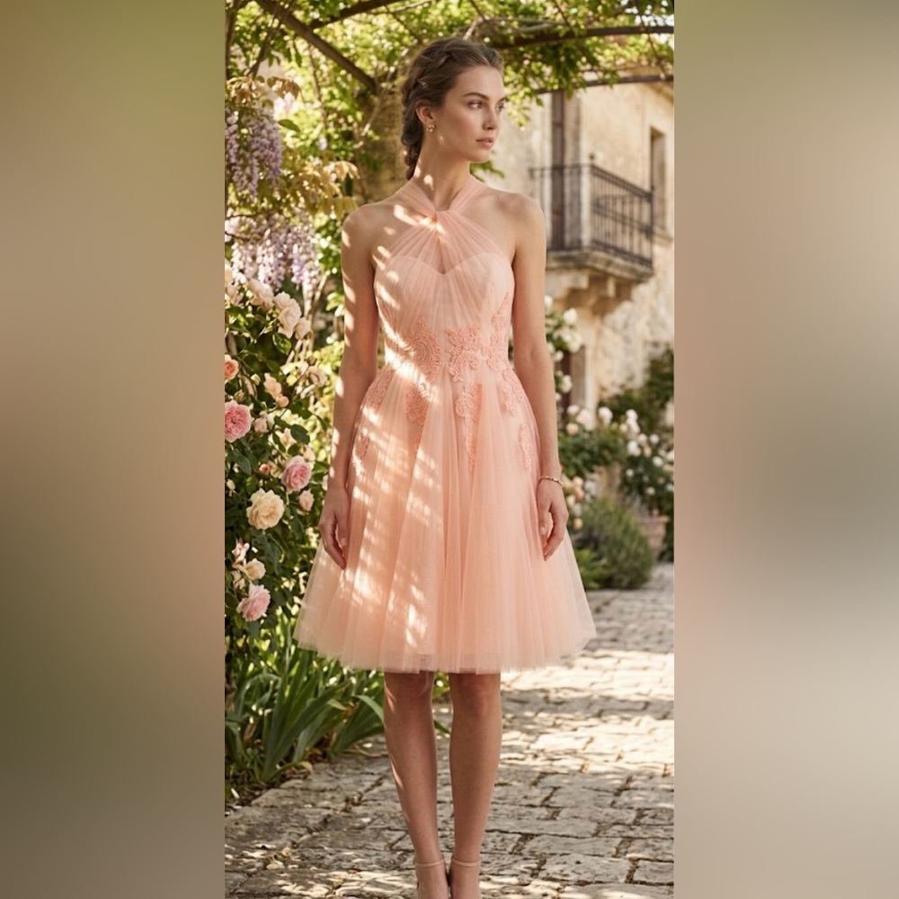 Love By Enzoani Pink Tulle Halter Cocktail Dress Size 12 NWT Soutache Lace